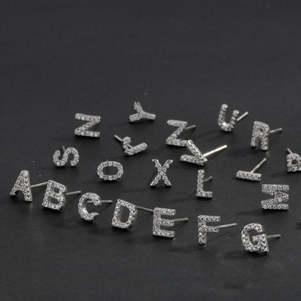 Silver 925  Initial Letter CZ Stud Earring Pair